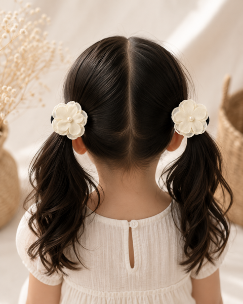 Set of 2 Pearl Flower Hair Rubber Bands- White