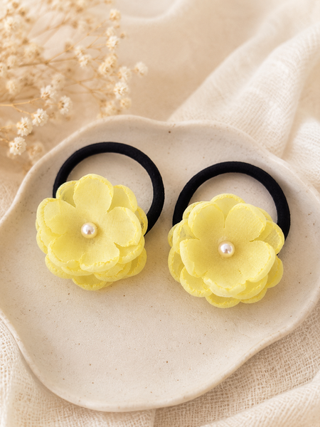 Set of 2 Pearl Flower Hair Rubber Bands- Yellow