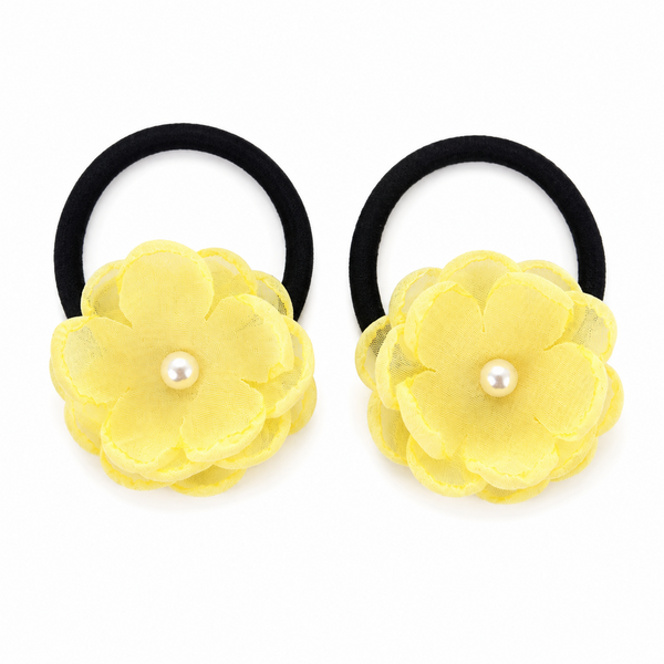 Set of 2 Pearl Flower Hair Rubber Bands- Yellow