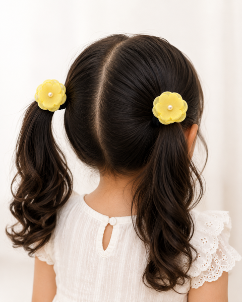 Set of 2 Pearl Flower Hair Rubber Bands- Yellow