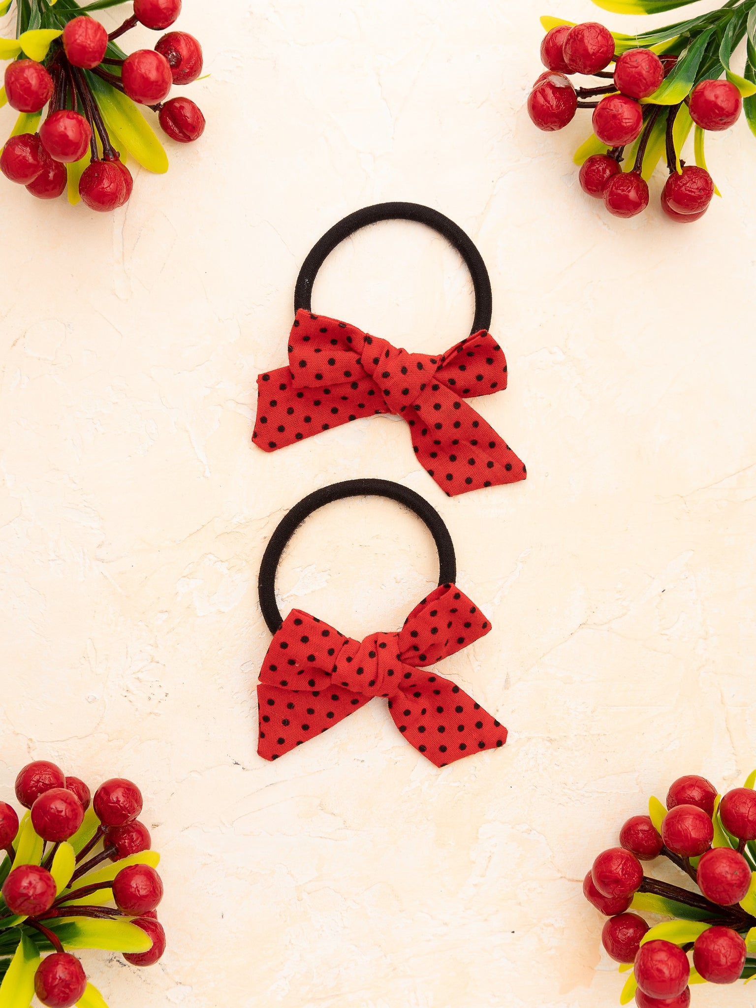 Handmade Tiny Knot Polka Dot Hair Tie Set- Red