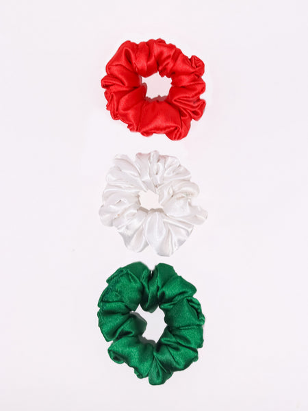 Satin Silk Scrunchies Set - Red, Green & White