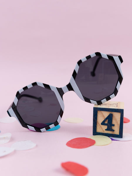 Striped Hexagon Sunglasses for Kids- Black & White