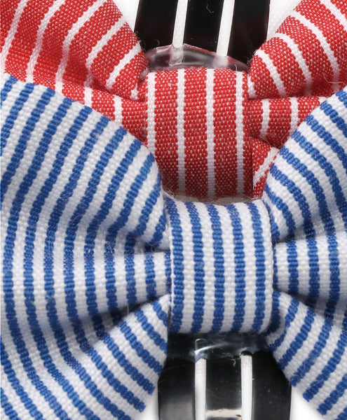 Striped Tiny Bow Hair Clip Set - Red & Blue