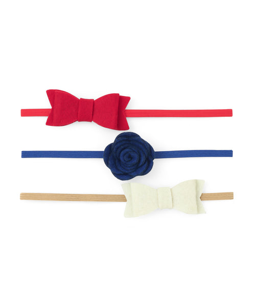 Rose & Bow Headband Set  - Red, Dark Blue & Off-White