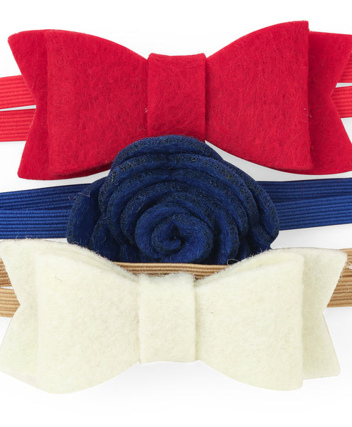 Rose & Bow Headband Set  - Red, Dark Blue & Off-White