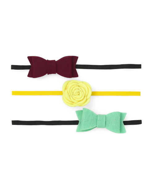 Rose & Bow Headband Set  - Maroon, Neon Yellow & Mint Green