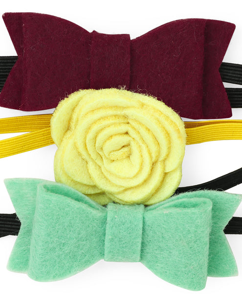 Rose & Bow Headband Set  - Maroon, Neon Yellow & Mint Green