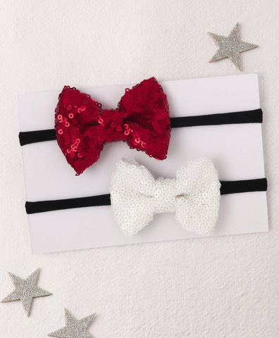 Sequin Party Bow Headband Set - Red & White