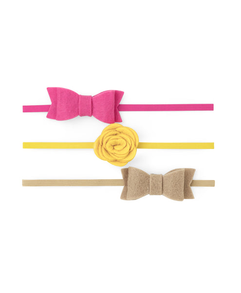 Rose & Bow Headband Set  - Pink, Yellow & Khaki