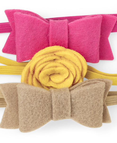 Rose & Bow Headband Set  - Pink, Yellow & Khaki