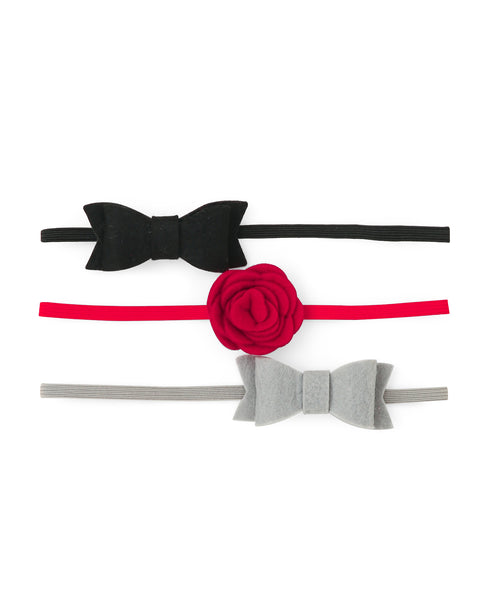Rose & Bow Headband Set  - Black Red & Gray