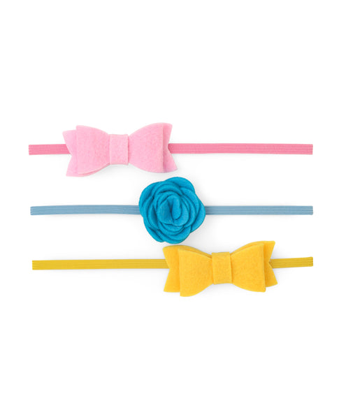 Rose & Bow Headband Set  - Light Pink, Light Blue & Yellow