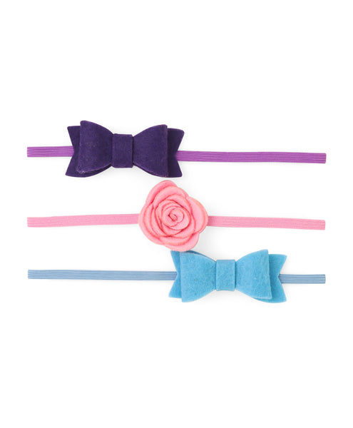 Rose & Bow Headband Set  - Purple, Light Pink & Light Blue