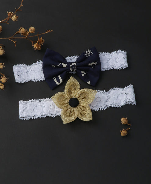 Flower & Bow Hairband Set - Dark Blue & Golden