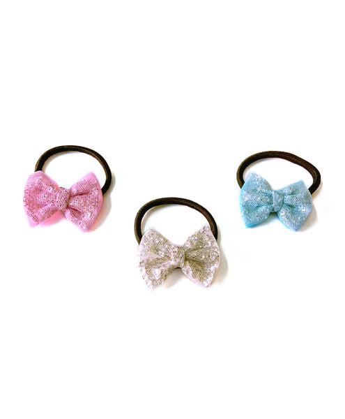 Glitter Bow Hair Tie Set - Pink, Blue & White