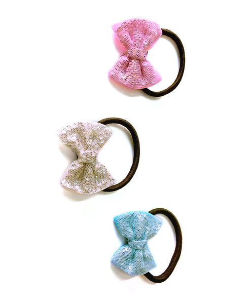 Glitter Bow Hair Tie Set - Pink, Blue & White