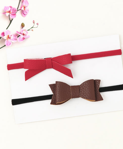 Leather Bow & Knot Headband Set - Red & Brown