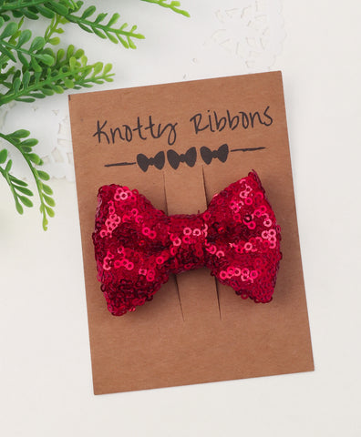 Sequin Party Bow Alligator Clip - Red