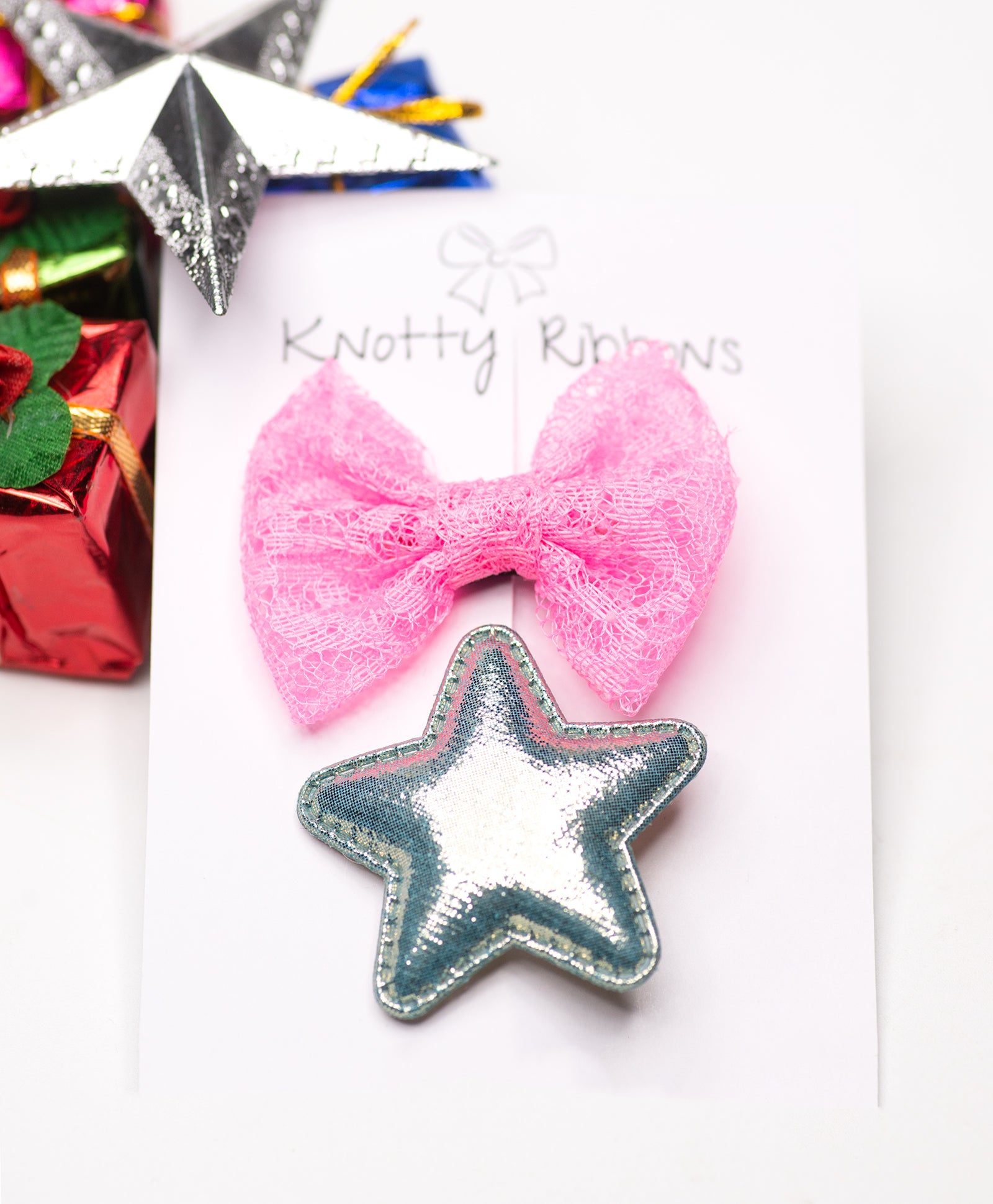 Star & Bow Alligator Hair Clips - Gray & Pink