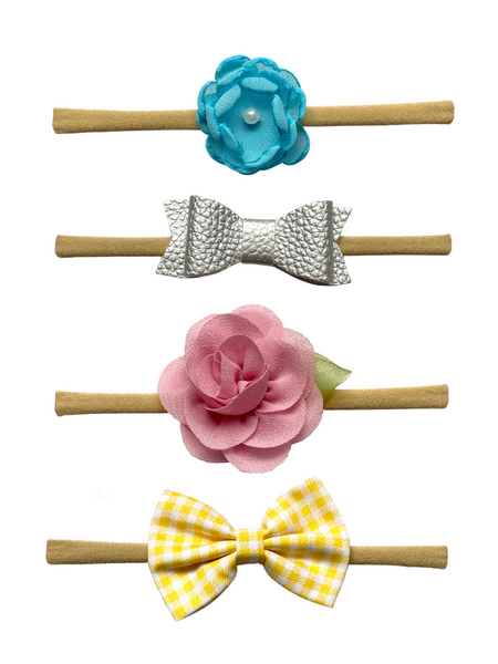 Flower & Checkered Bow Headband Set- Blue, Silver, Light Pink & Yellow