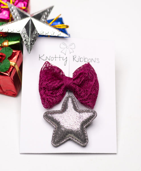 Star & Bow Alligator Hair Clips - Grey & Maroon