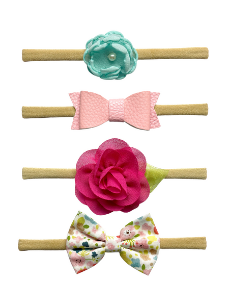 Flower & Floral Bow Headband Set- Light Blue & Pink