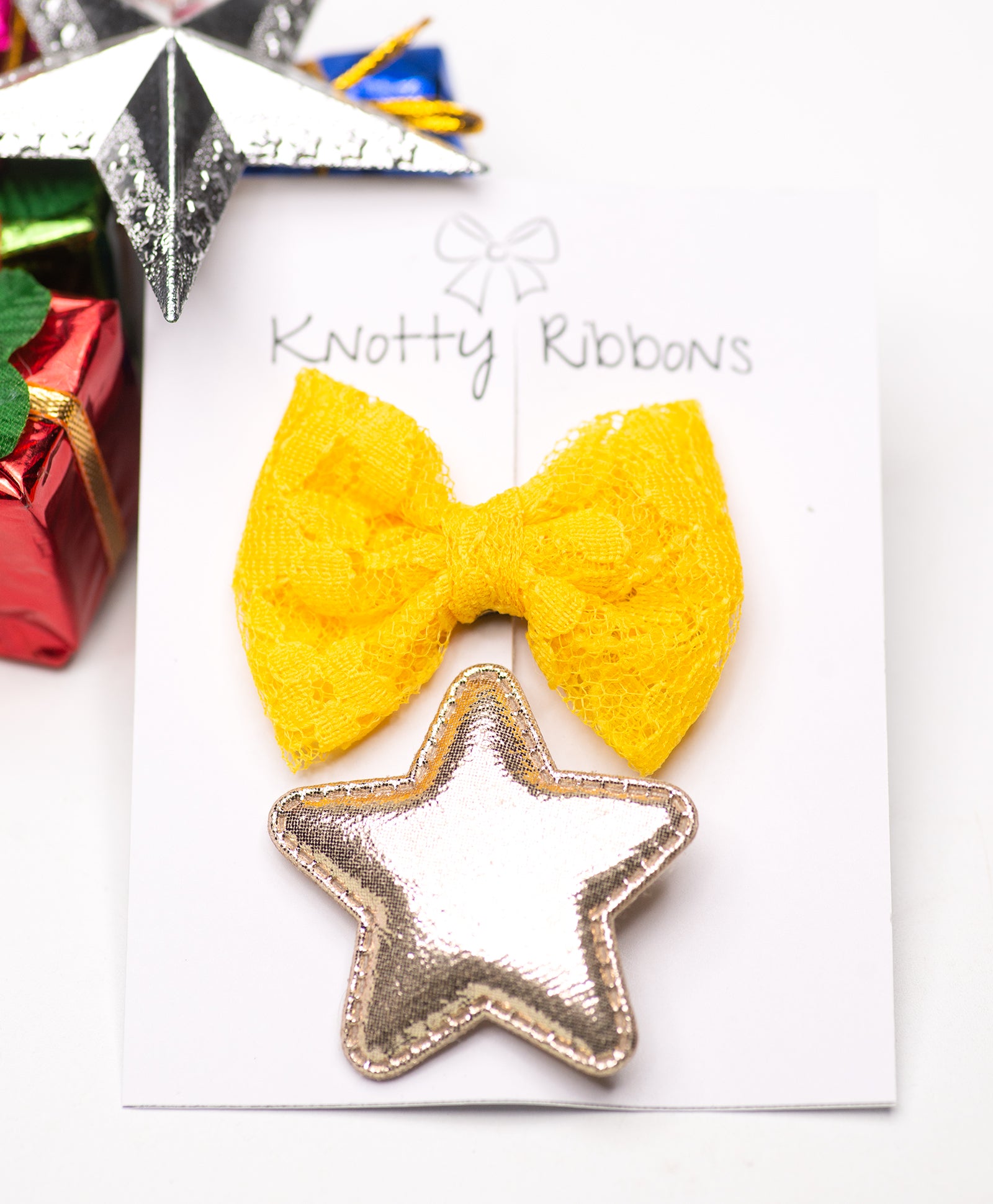 Star & Bow Alligator Hair Clips - Champagne & Yellow