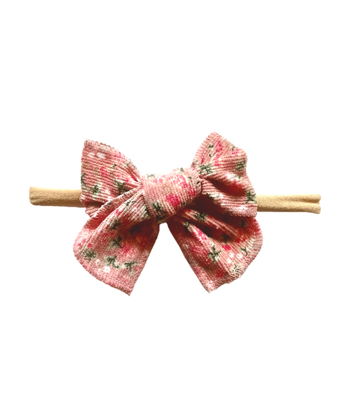 Floral Corduroy Knot Bow Nylon Headband - Light Pink