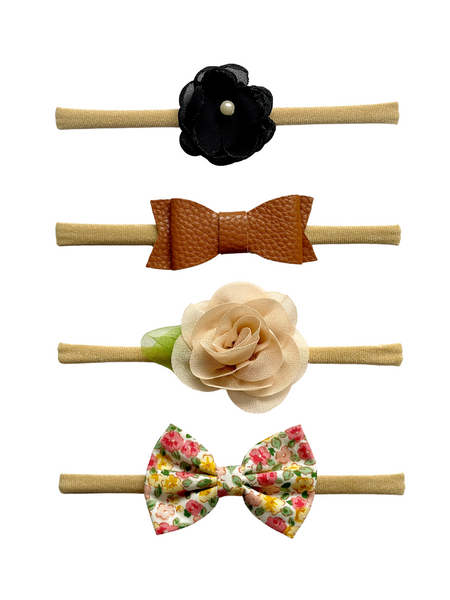 Flower & Floral Bow Headband Set- Black, Brown & Beige