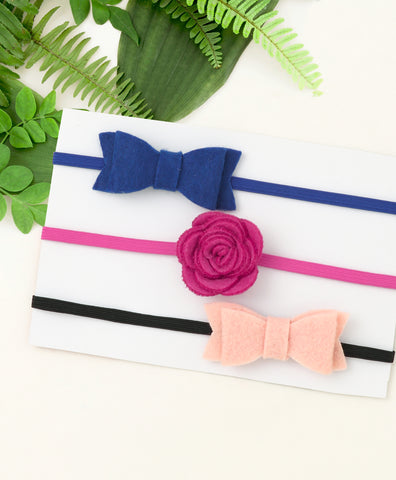 Rose & Bow Headband Set  - Dark Blue, Dark Pink & Peach