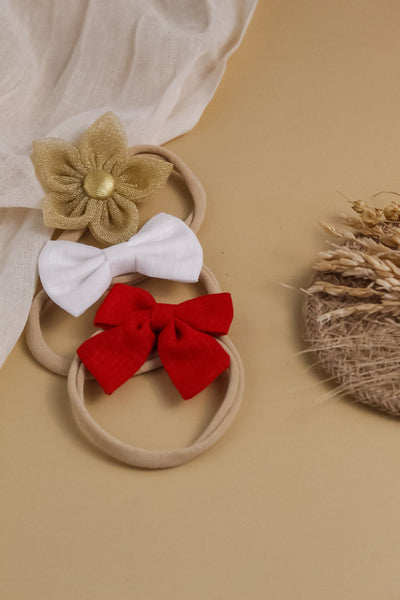 Flower & Bow Headband Set - Red, Golden & White