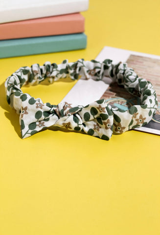 Floral Elasticated Headband- Green & White