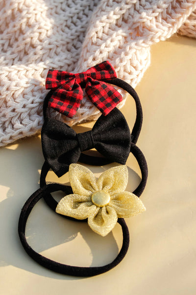 Flower & Bow Headband Set - Red, Golden & Black