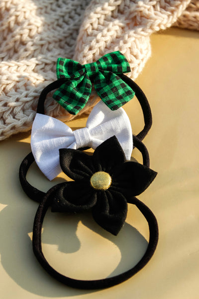 Flower & Bow Headband Set - Green, Black & White