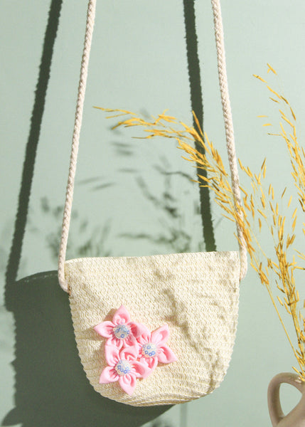 Kids Straw Sling Bag - Off-white with Light Pink Flowers