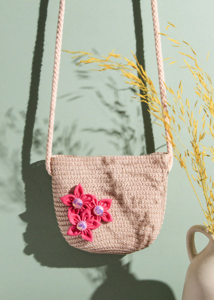 Kids Straw Sling Bag - Light Pink with Pink Flowers
