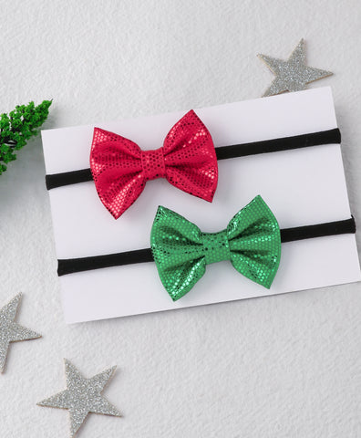 Leather Bow Headband Set - Red & Green
