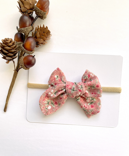 Floral Corduroy Knot Bow Nylon Headband - Light Pink