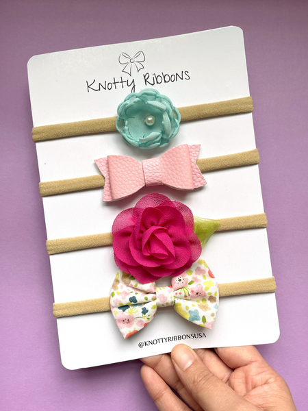Flower & Floral Bow Headband Set- Light Blue & Pink