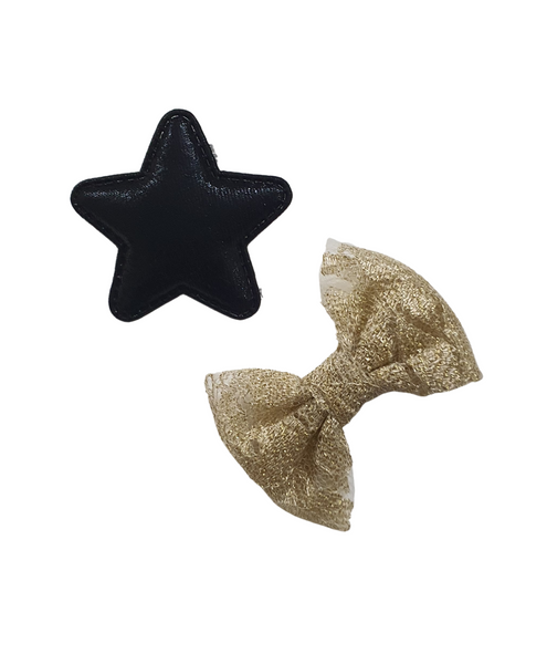 Star & Bow Alligator Hair Clips - Black & Golden