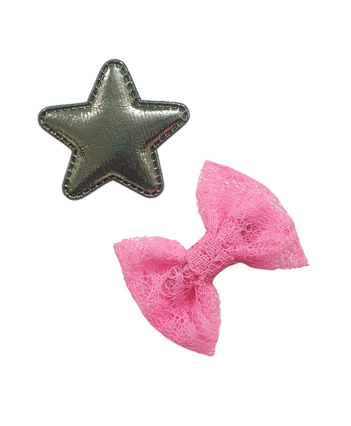 Star & Bow Alligator Hair Clips - Gray & Pink