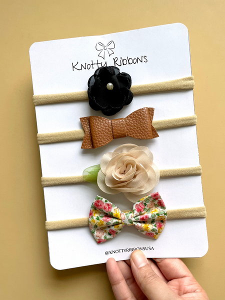 Flower & Floral Bow Headband Set- Black, Brown & Beige