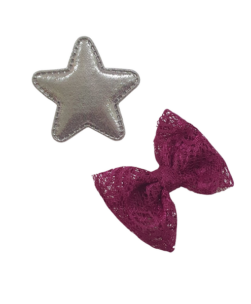 Star & Bow Alligator Hair Clips - Grey & Maroon