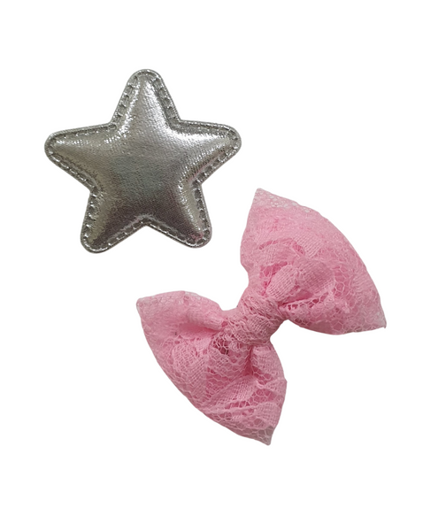 Star & Bow Alligator Hair Clips - Silver & Light Pink