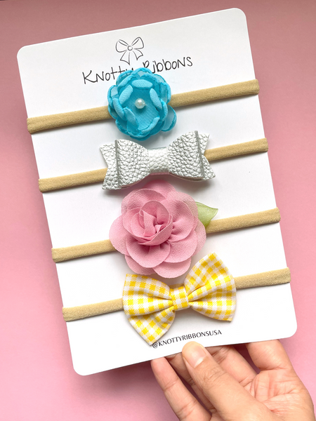 Flower & Checkered Bow Headband Set- Blue, Silver, Light Pink & Yellow