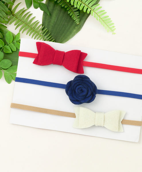 Rose & Bow Headband Set  - Red, Dark Blue & Off-White