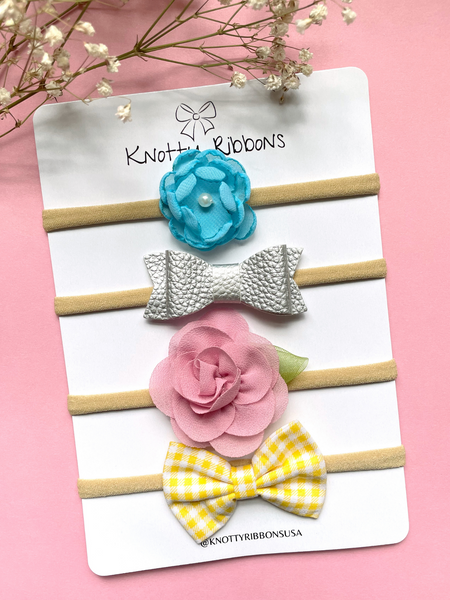 Flower & Checkered Bow Headband Set- Blue, Silver, Light Pink & Yellow