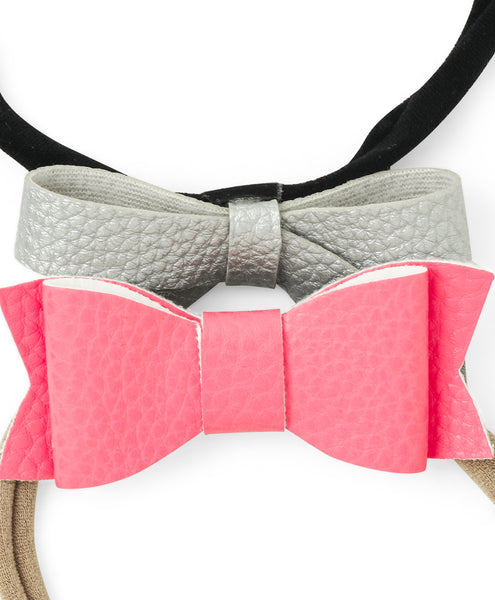 Leather Bow & Knot Headband Set - Silver & Pink