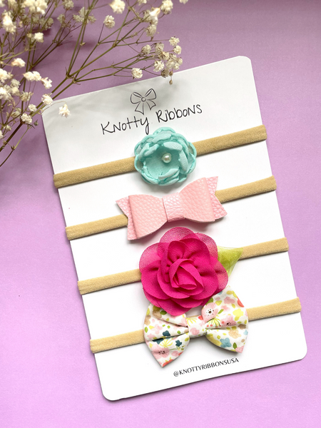 Flower & Floral Bow Headband Set- Light Blue & Pink